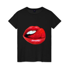 Женская футболка хлопок с принтом Губы с клубникой в Новосибирске, 100% хлопок | прямой крой, круглый вырез горловины, длина до линии бедер, слегка спущенное плечо | девушкам | клубника | клубничка | красные губы | прикольные картинки | рот | ягода | язык