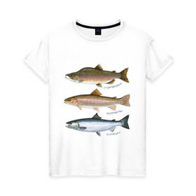 Женская футболка хлопок с принтом Лососевые в Новосибирске, 100% хлопок | прямой крой, круглый вырез горловины, длина до линии бедер, слегка спущенное плечо | горбуша | кижуч | рыба | рыбалка | рыбачить | туризм | туристические | туристу | улов | форель
