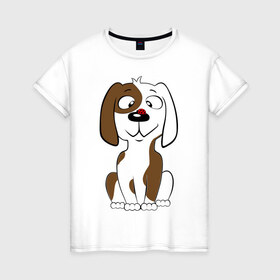 Женская футболка хлопок с принтом Забавный щенок в Новосибирске, 100% хлопок | прямой крой, круглый вырез горловины, длина до линии бедер, слегка спущенное плечо | домашние животные | животные | собака | собачка | щенок