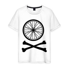 Мужская футболка хлопок с принтом Bicycle в Новосибирске, 100% хлопок | прямой крой, круглый вырез горловины, длина до линии бедер, слегка спущенное плечо. | bicycle | две кости | колесо | колесо от велосипеда | кости | кости с колесом | перекошенные кости