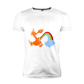 Мужская футболка премиум с принтом Писающий единорог в Новосибирске, 92% хлопок, 8% лайкра | приталенный силуэт, круглый вырез ворота, длина до линии бедра, короткий рукав | unicorn | единорог | единорог и радуга | облако с радугой | прикольный единорог | радуга | радуга из единорога