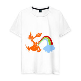 Мужская футболка хлопок с принтом Писающий единорог в Новосибирске, 100% хлопок | прямой крой, круглый вырез горловины, длина до линии бедер, слегка спущенное плечо. | unicorn | единорог | единорог и радуга | облако с радугой | прикольный единорог | радуга | радуга из единорога