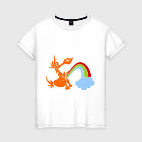 Женская футболка хлопок с принтом Писающий единорог в Новосибирске, 100% хлопок | прямой крой, круглый вырез горловины, длина до линии бедер, слегка спущенное плечо | unicorn | единорог | единорог и радуга | облако с радугой | прикольный единорог | радуга | радуга из единорога