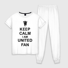 Женская пижама хлопок с принтом keep calm I am United fan в Новосибирске, 100% хлопок | брюки и футболка прямого кроя, без карманов, на брюках мягкая резинка на поясе и по низу штанин | keep calm | keep calm i am united fan | manchester united | united | манчестер юнайтед | футбол