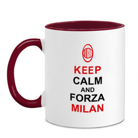 Кружка двухцветная с принтом keep calm and Forza Milan в Новосибирске, керамика | объем — 330 мл, диаметр — 80 мм. Цветная ручка и кайма сверху, в некоторых цветах — вся внутренняя часть | болельщикам | матч | милан | спорт | фк | футбол | футбольный клуб