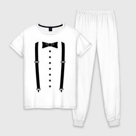 Женская пижама хлопок с принтом Gentleman в Новосибирске, 100% хлопок | брюки и футболка прямого кроя, без карманов, на брюках мягкая резинка на поясе и по низу штанин | галстук | костюм | одежда | подтяжки | рубашка
