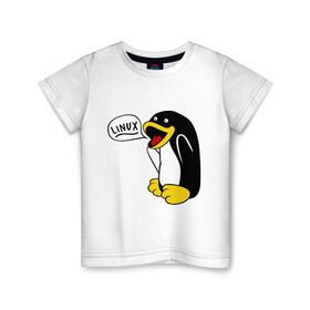 Детская футболка хлопок с принтом Пингвин: Linux в Новосибирске, 100% хлопок | круглый вырез горловины, полуприлегающий силуэт, длина до линии бедер | пингвин
