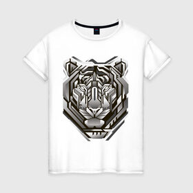 Женская футболка хлопок с принтом Geometric tiger в Новосибирске, 100% хлопок | прямой крой, круглый вырез горловины, длина до линии бедер, слегка спущенное плечо | geometric drawing | geometry | metal tiger | tiger | геометрический рисунок | геометрия | металлический тигр | тигр