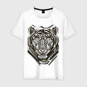Мужская футболка хлопок с принтом Geometric tiger в Новосибирске, 100% хлопок | прямой крой, круглый вырез горловины, длина до линии бедер, слегка спущенное плечо. | geometric drawing | geometry | metal tiger | tiger | геометрический рисунок | геометрия | металлический тигр | тигр