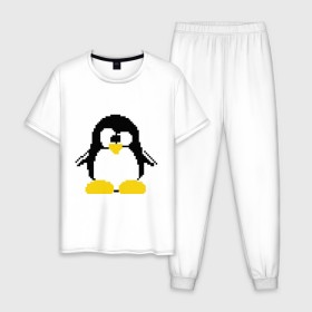 Мужская пижама хлопок с принтом Битовый пингвин Linux в Новосибирске, 100% хлопок | брюки и футболка прямого кроя, без карманов, на брюках мягкая резинка на поясе и по низу штанин
 | Тематика изображения на принте: админам | компьютерные | линукс | операционная система | ос