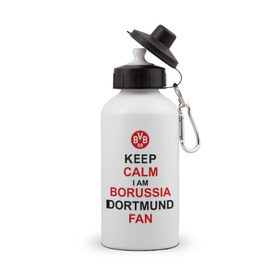 Бутылка спортивная с принтом keep calm i am Borussia Dortmund fan в Новосибирске, металл | емкость — 500 мл, в комплекте две пластиковые крышки и карабин для крепления | football | болельщикам | борусия | боруссия | спорт | фк | футбольнsй клуб | футбольные