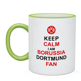 Кружка двухцветная с принтом keep calm i am Borussia Dortmund fan в Новосибирске, керамика | объем — 330 мл, диаметр — 80 мм. Цветная ручка и кайма сверху, в некоторых цветах — вся внутренняя часть | football | болельщикам | борусия | боруссия | спорт | фк | футбольнsй клуб | футбольные