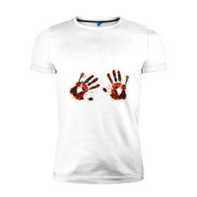 Мужская футболка премиум с принтом Отпечатки рук (краска) в Новосибирске, 92% хлопок, 8% лайкра | приталенный силуэт, круглый вырез ворота, длина до линии бедра, короткий рукав | ладони | пальцы | прикольные картинки | руки