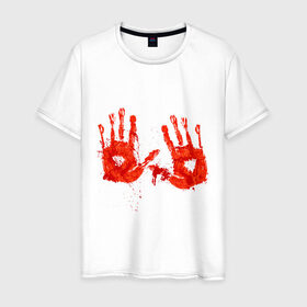 Мужская футболка хлопок с принтом Отпечатки рук (кровь) в Новосибирске, 100% хлопок | прямой крой, круглый вырез горловины, длина до линии бедер, слегка спущенное плечо. | кровища | ладони | прикольные картинки | руки