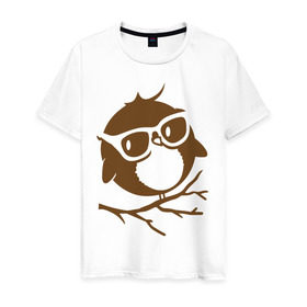 Мужская футболка хлопок с принтом Совёнок в очках. в Новосибирске, 100% хлопок | прямой крой, круглый вырез горловины, длина до линии бедер, слегка спущенное плечо. | сова