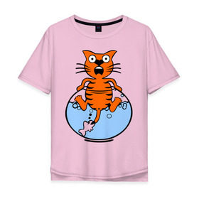 Мужская футболка хлопок Oversize с принтом Кот в аквариуме в Новосибирске, 100% хлопок | свободный крой, круглый ворот, “спинка” длиннее передней части | cat | испуганный кот | кот в воде | рыба за хвост | смешной кот