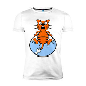 Мужская футболка премиум с принтом Кот в аквариуме в Новосибирске, 92% хлопок, 8% лайкра | приталенный силуэт, круглый вырез ворота, длина до линии бедра, короткий рукав | Тематика изображения на принте: cat | испуганный кот | кот в воде | рыба за хвост | смешной кот