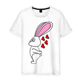 Мужская футболка хлопок с принтом Влюблённый зайчик (парная) в Новосибирске, 100% хлопок | прямой крой, круглый вырез горловины, длина до линии бедер, слегка спущенное плечо. | для влюбленных | для двоих | зайчиха | заяц | любимая | любимый | любовь | парные | сердечки | сердца