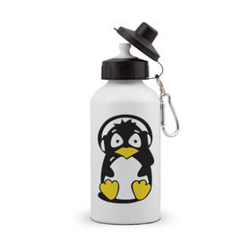 Бутылка спортивная с принтом Пингвин в наушниках в Новосибирске, металл | емкость — 500 мл, в комплекте две пластиковые крышки и карабин для крепления | животные | пингвиненок | пингвинчик | прикольные картинки