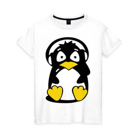 Женская футболка хлопок с принтом Пингвин в наушниках в Новосибирске, 100% хлопок | прямой крой, круглый вырез горловины, длина до линии бедер, слегка спущенное плечо | животные | пингвиненок | пингвинчик | прикольные картинки