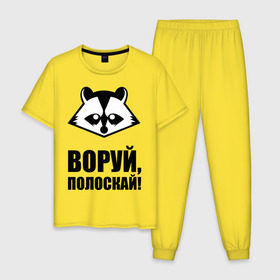 Мужская пижама хлопок с принтом Воруй,полоскай! в Новосибирске, 100% хлопок | брюки и футболка прямого кроя, без карманов, на брюках мягкая резинка на поясе и по низу штанин
 | Тематика изображения на принте: енот
