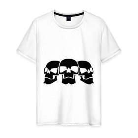 Мужская футболка хлопок с принтом Три черепа в Новосибирске, 100% хлопок | прямой крой, круглый вырез горловины, длина до линии бедер, слегка спущенное плечо. | Тематика изображения на принте: скелет