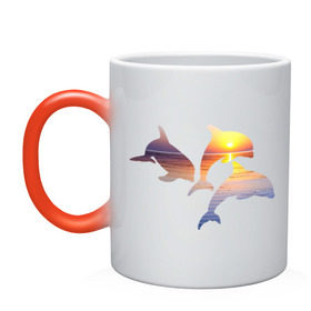 Кружка хамелеон с принтом Дельфины на закате в Новосибирске, керамика | меняет цвет при нагревании, емкость 330 мл | дельфин | дельфины | дельфины на закате | закат | красивые дельфины | рыбы