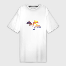 Платье-футболка хлопок с принтом Дельфины на закате в Новосибирске,  |  | дельфин | дельфины | дельфины на закате | закат | красивые дельфины | рыбы