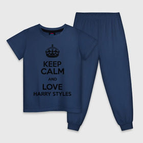 Детская пижама хлопок с принтом Keep calm and love Harry Styles в Новосибирске, 100% хлопок |  брюки и футболка прямого кроя, без карманов, на брюках мягкая резинка на поясе и по низу штанин
 | Тематика изображения на принте: 1d | harry styles | keep calm | music | one direction | гарри стайлс