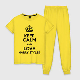 Женская пижама хлопок с принтом Keep calm and love Harry Styles в Новосибирске, 100% хлопок | брюки и футболка прямого кроя, без карманов, на брюках мягкая резинка на поясе и по низу штанин | 1d | harry styles | keep calm | music | one direction | гарри стайлс