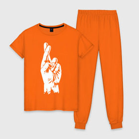 Женская пижама хлопок с принтом Cross fingers в Новосибирске, 100% хлопок | брюки и футболка прямого кроя, без карманов, на брюках мягкая резинка на поясе и по низу штанин | хип хоп