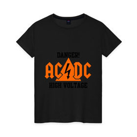 Женская футболка хлопок с принтом ADCD high voltage в Новосибирске, 100% хлопок | прямой крой, круглый вырез горловины, длина до линии бедер, слегка спущенное плечо | acdc | rock | блюз рок | рок | рок группа | рок н ролл | хард рок | эйсидиси