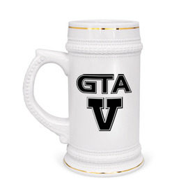 Кружка пивная с принтом GTA 5 в Новосибирске,  керамика (Материал выдерживает высокую температуру, стоит избегать резкого перепада температур) |  объем 630 мл | five | grand theft auto | gta | gta 5 | logo | гта | гта пять | лого | логотип