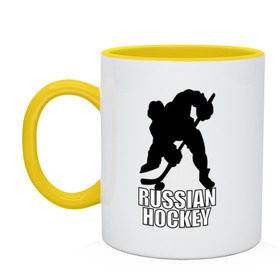 Кружка двухцветная с принтом Russian hockey (Русский хоккей). в Новосибирске, керамика | объем — 330 мл, диаметр — 80 мм. Цветная ручка и кайма сверху, в некоторых цветах — вся внутренняя часть | hockey | russian hockey | болельщик | болельщикам | русский хоккей | спорт | спортсмен | фанат | фанатам | хоккеист | хоккей