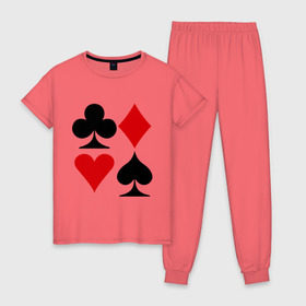 Женская пижама хлопок с принтом Масти карт в Новосибирске, 100% хлопок | брюки и футболка прямого кроя, без карманов, на брюках мягкая резинка на поясе и по низу штанин | poker | игра | игры | карточная игра | карты | масти карт | покер