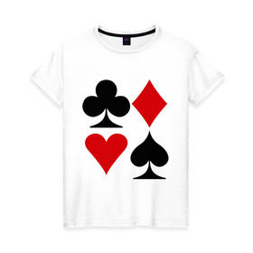 Женская футболка хлопок с принтом Масти карт в Новосибирске, 100% хлопок | прямой крой, круглый вырез горловины, длина до линии бедер, слегка спущенное плечо | poker | игра | игры | карточная игра | карты | масти карт | покер