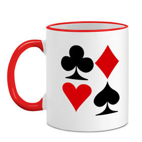 Кружка двухцветная с принтом Масти карт в Новосибирске, керамика | объем — 330 мл, диаметр — 80 мм. Цветная ручка и кайма сверху, в некоторых цветах — вся внутренняя часть | poker | игра | игры | карточная игра | карты | масти карт | покер