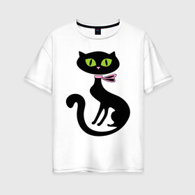 Женская футболка хлопок Oversize с принтом Милая кошечка в Новосибирске, 100% хлопок | свободный крой, круглый ворот, спущенный рукав, длина до линии бедер
 | зеленые глаза | кошечка | кошка | черная кошка