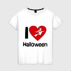 Женская футболка хлопок с принтом I love halloween (Я люблю хэллоуин) в Новосибирске, 100% хлопок | прямой крой, круглый вырез горловины, длина до линии бедер, слегка спущенное плечо | Тематика изображения на принте: 31 октября | hallowin | haloveen | haloven | halovin | halowen | hellowee | heloven | helovin | день всех святых | день святых | привидение | призрак | смайл | халлоуин | халоуин | халувин | хелловин | хеллоуин | хеллуин | хеловин