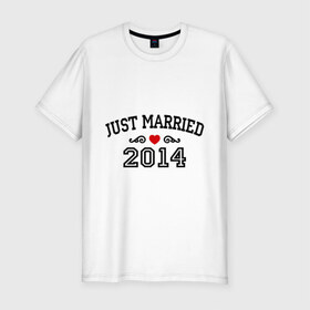 Мужская футболка премиум с принтом Just married 2014 в Новосибирске, 92% хлопок, 8% лайкра | приталенный силуэт, круглый вырез ворота, длина до линии бедра, короткий рукав | Тематика изображения на принте: 