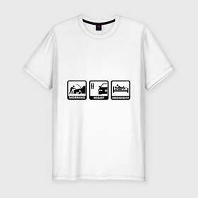 Мужская футболка премиум с принтом БМВ - распорядок дня в Новосибирске, 92% хлопок, 8% лайкра | приталенный силуэт, круглый вырез ворота, длина до линии бедра, короткий рукав | Тематика изображения на принте: bmw | автомобиль | бмв | занятие | машина | распорядок дня