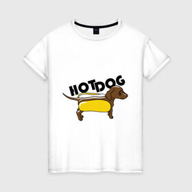 Женская футболка хлопок с принтом Hot dog в Новосибирске, 100% хлопок | прямой крой, круглый вырез горловины, длина до линии бедер, слегка спущенное плечо | hot dog | булка | собака | собачка | хот дог
