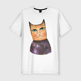 Мужская футболка премиум с принтом кот-космос в Новосибирске, 92% хлопок, 8% лайкра | приталенный силуэт, круглый вырез ворота, длина до линии бедра, короткий рукав | cat | cute | space | космос | кот | котейка | котик | мило