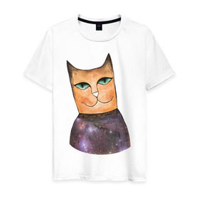 Мужская футболка хлопок с принтом кот-космос в Новосибирске, 100% хлопок | прямой крой, круглый вырез горловины, длина до линии бедер, слегка спущенное плечо. | Тематика изображения на принте: cat | cute | space | космос | кот | котейка | котик | мило