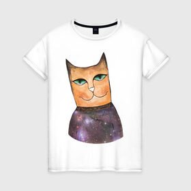 Женская футболка хлопок с принтом кот-космос в Новосибирске, 100% хлопок | прямой крой, круглый вырез горловины, длина до линии бедер, слегка спущенное плечо | cat | cute | space | космос | кот | котейка | котик | мило
