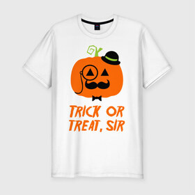 Мужская футболка премиум с принтом Trick or treat в Новосибирске, 92% хлопок, 8% лайкра | приталенный силуэт, круглый вырез ворота, длина до линии бедра, короткий рукав | halloween | trick or treat | подарок на хэллоуин | сюрприз на хэллоуин | тыква | хэллоуин
