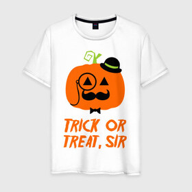 Мужская футболка хлопок с принтом Trick or treat в Новосибирске, 100% хлопок | прямой крой, круглый вырез горловины, длина до линии бедер, слегка спущенное плечо. | halloween | trick or treat | подарок на хэллоуин | сюрприз на хэллоуин | тыква | хэллоуин
