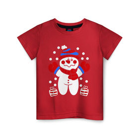 Детская футболка хлопок с принтом Снеговик в снегу в Новосибирске, 100% хлопок | круглый вырез горловины, полуприлегающий силуэт, длина до линии бедер | Тематика изображения на принте: новый год | снеговик