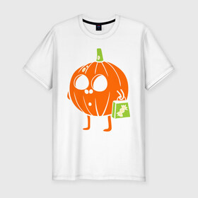 Мужская футболка премиум с принтом Тыква с пакетом в Новосибирске, 92% хлопок, 8% лайкра | приталенный силуэт, круглый вырез ворота, длина до линии бедра, короткий рукав | halloween | конфета | пакет | тыква | тыква с пакетом | тыковка | хэллоуин