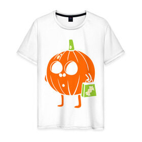 Мужская футболка хлопок с принтом Тыква с пакетом в Новосибирске, 100% хлопок | прямой крой, круглый вырез горловины, длина до линии бедер, слегка спущенное плечо. | halloween | конфета | пакет | тыква | тыква с пакетом | тыковка | хэллоуин